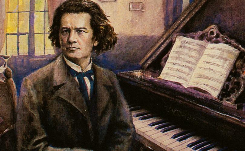 Обладатель высокого интеллекта Бетховен играет на фортепьяно